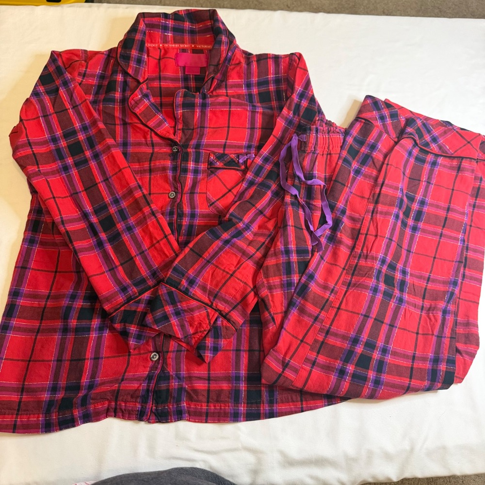 Victorias Secret Red Purple Plaid Flannel Pajama Set Gold Lurex Small Feminine